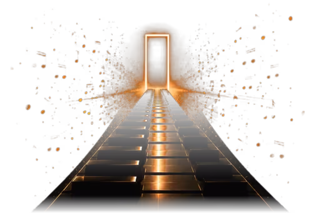 Caminho de teclas de piano iluminado com notas musicais em direção a um portal
